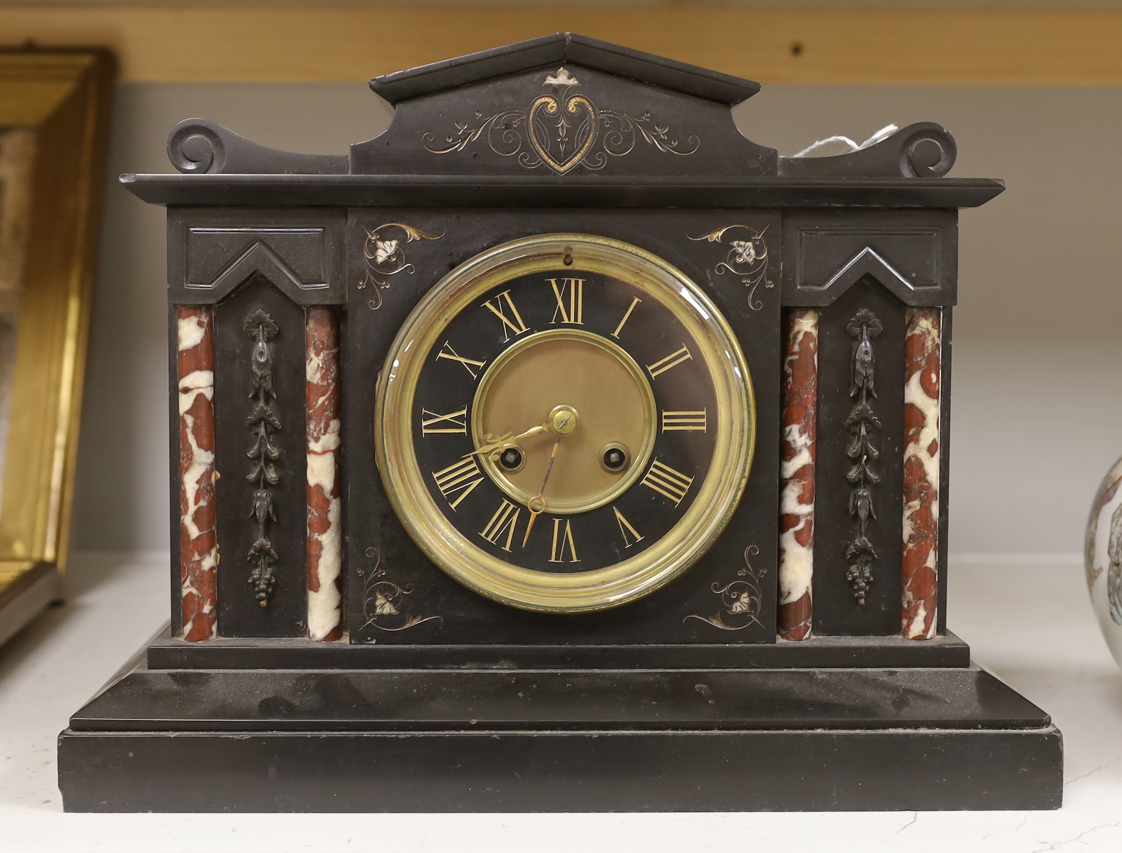 A Victorian slate and marble clock, 34.5 x 27cm